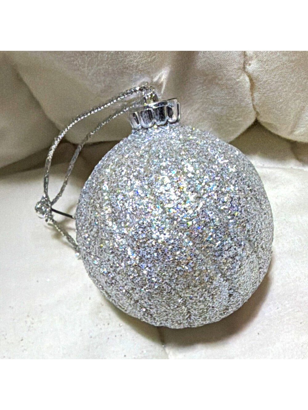Silver Glitter Ball Hanging Plastic Christmas Holiday Decorative Ornament
